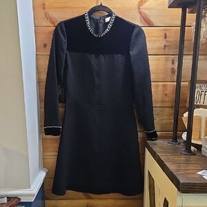 Sandro Paris  Black Long-Sleeve Jewel-Trim A-Line Dress Size 38 0184